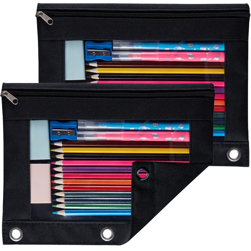 Sooez Pencil Pouch for 3 Ring Binder, 2 Pack Binder Pencil Pouch with Clear Window Pencil Bags with Zipper & Reinforced Grommets, Pencil Case for Binder Black & Black - Image 1